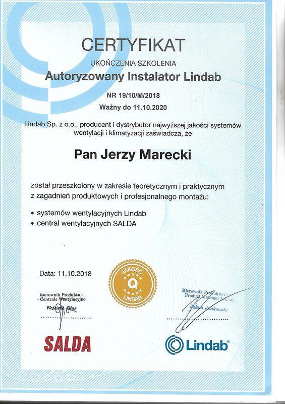 certyfikat ukończenia szkolenia autoryzowany instalator lindab