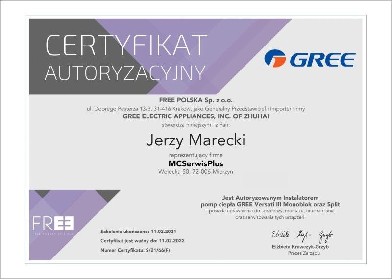 certyfikat pompy ciepła GREE